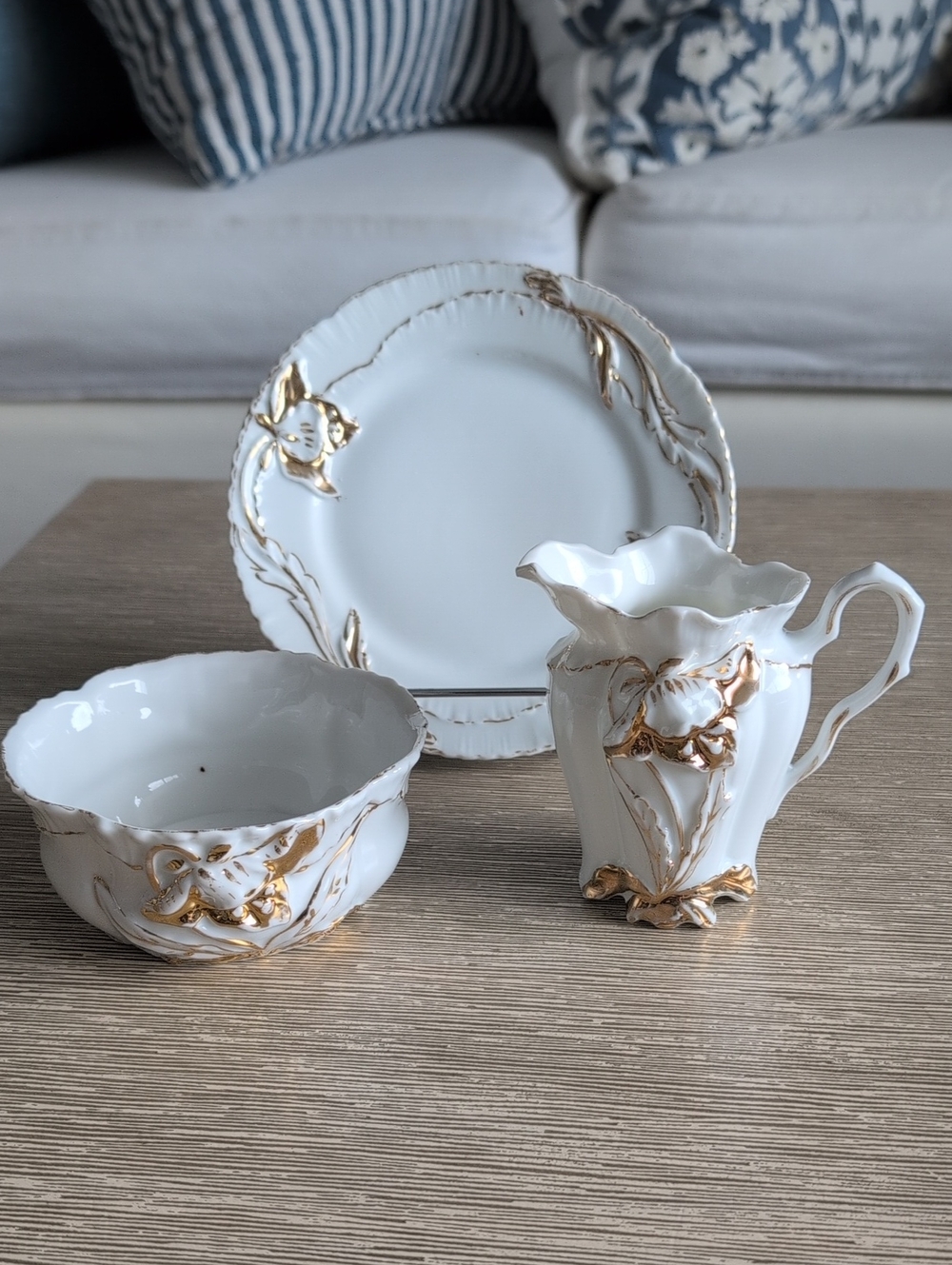 Vintage Elegant White and Gold Porcelain Creamer, Sugar Bowl With Plate